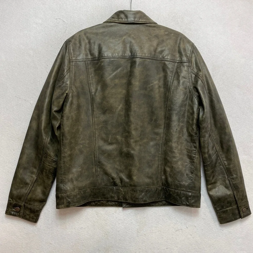 Lucky Brand Leather Trucker Jacket Mens M Olive Green Distressed Quilted Lining